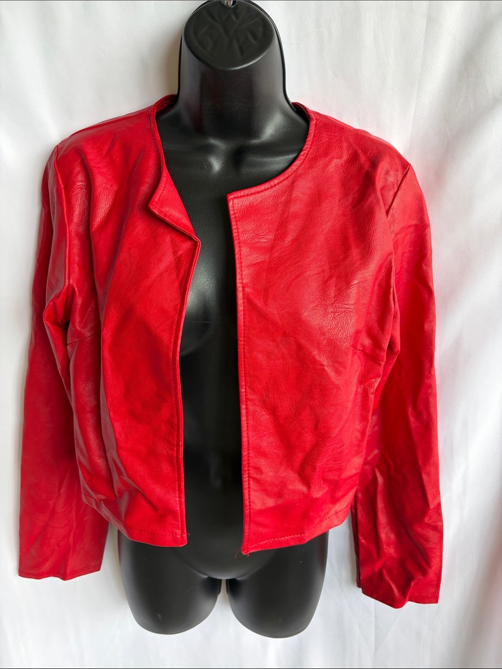 KRISP London Red Faux Leather Cropped Jacket, M, Open Front, 19” PTP, 17” L